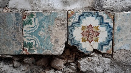 Fragment of wall featuring decorative, vintage tiles, with some damaged, set within a crumbling, stone structure