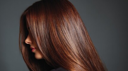Naklejka premium Elegant side view of long, shiny keratin-treated hair with smooth, glossy strands and vibrant color, showcasing healthy, well-groomed hairstyle and luxurious hair care resultsle