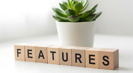 Highlighting essential product features and key concepts with wooden letter blocks spelling 'FEATURES' on a clean desk