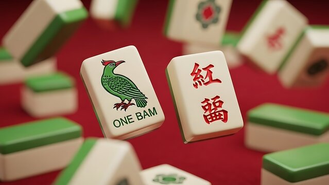Mahjong tiles with one bam bird symbol and red Chinese character for profit