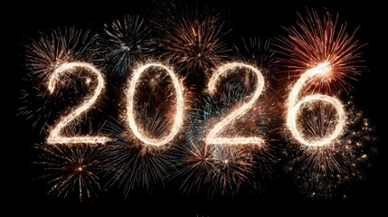 Illuminated numerals of the year 2026, crafted with glowing light, amidst a celebratory fireworks display against a dark backdrop