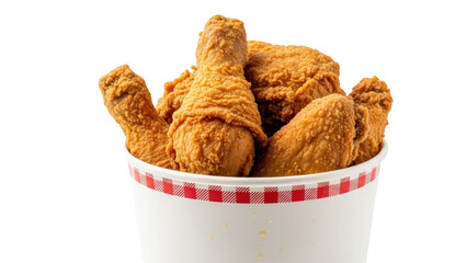 A bucket of crispy fried chicken drumsticks on a white background