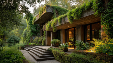 Eco-Friendly Abode: A harmonious blend of nature and architecture, this modern building seamlessly integrates with its lush surroundings, showcasing sustainable living.