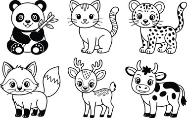 Six cartoon animals in black and white panda