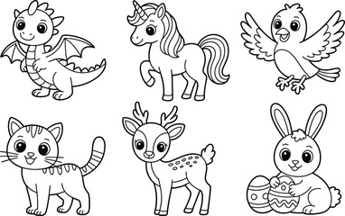 Six cartoon animals in black and white line dragon