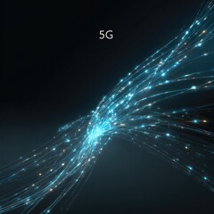 Digital lines with bright points on a dark background 5G text at the top