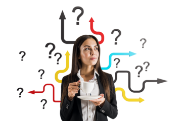 Woman holding coffee cup while thinking, surrounded by arrows and question marks, clean style on white background, concept of direction and vision