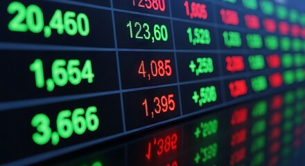A closeup shot of a stock market ticker displaying fluctuating numbers in green and red, representing financial data and trading