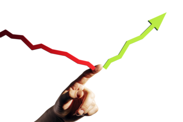 Human hand pointing to turning point of red falling arrow becoming green rising arrow, isolated on white background, concept of market recovery