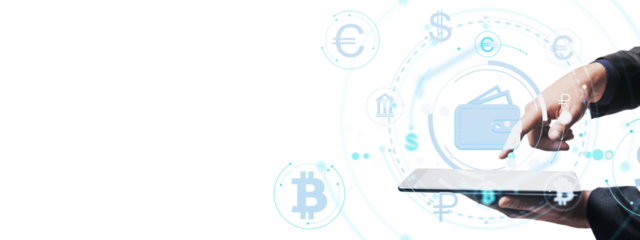 Person using tablet with digital wallet hologram and cryptocurrency symbols, modern layout and clean design on white background, finance concept