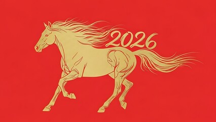Fototapeta premium golden horse silhouette with 2026 number on red background chinese zodiac