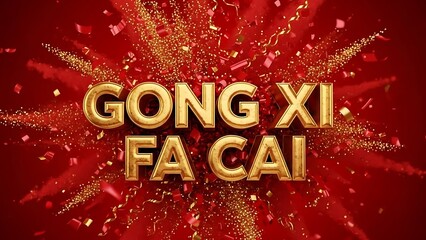 Gong Xi Fa Cai golden text and explosion of red and gold confetti Chinese New Year greeting