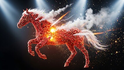 Creative horse sculpture made of red firecrackers exploding with smoke