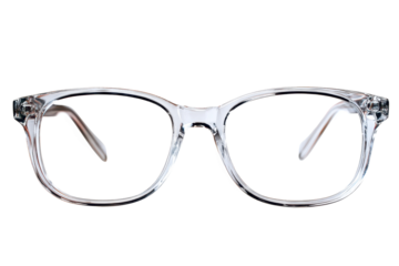Clear glasses on display with a focus on the frame design and lenses during daylight hours