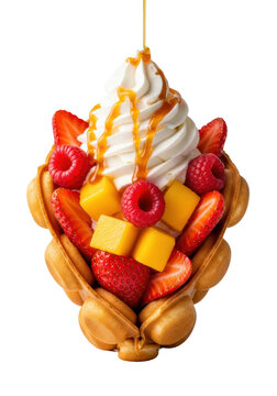 golden hong kong bubble waffle cone, filled with fresh mango, strawberries, and raspberries, topped with whipped cream and amber caramel sauce mid-drizzle. concept for trendy dessert advertising