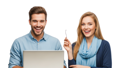 Two colleagues smiling with laptop discussing ideas in office