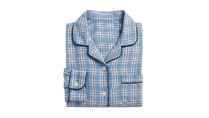 A blue and white plaid sleeveless button-up shirt with pockets is laid flat on a white background.