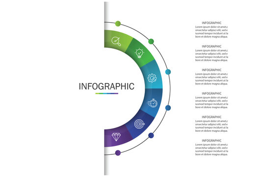 Business visualization infographic circle design template with 6 options, steps or processes. Business presentation.	