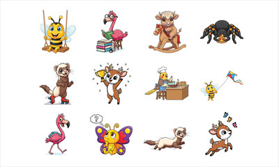 Naklejka premium Cute Cartoon Animal Characters Playing, Learning and Celebrating Fun Moments Vector Set