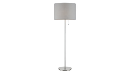 A modern floor lamp with a slender metal stand and cylindrical fabric shade stands alone indoors.
