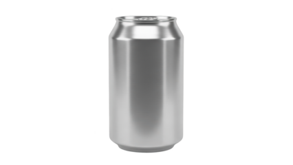 A sleek silver soda can stands upright on a plain white background indoors.