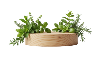Green plants with leaves on a wooden base indoors on white