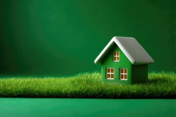 Green toy house w a white roof on lush green grass set against a solid green backdrop