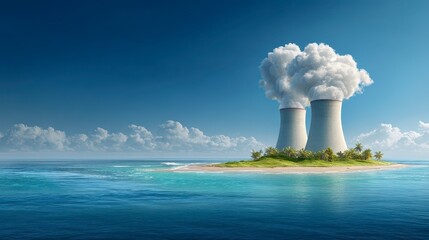 Island scene featuring twin cooling towers emitting white plumes against a blue sky, surrounded by ocean. Small island with vegetation