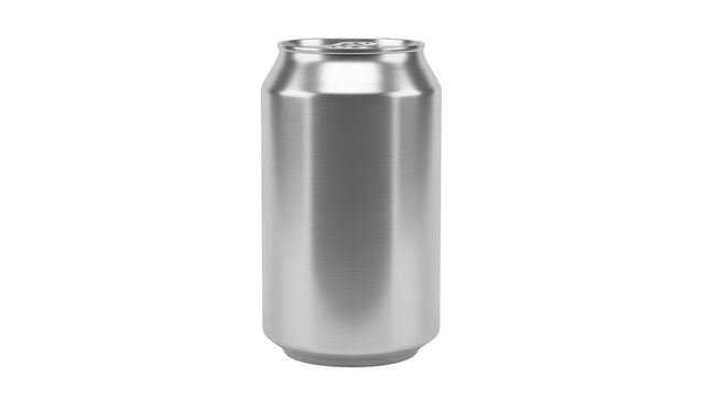 A sleek silver soda can stands upright on a plain white background indoors.