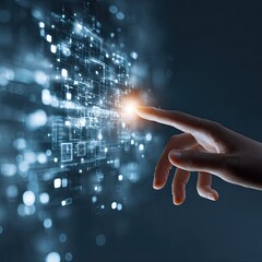 Hand touches a glowing digital network Lines squares and bokeh are visible