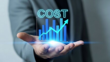 Business professional presenting glowing digital graph demonstrating rising cost over a modern blue background
