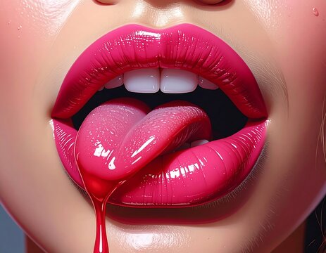 Close-up of open mouth, bright pink lips, protruding tongue, and drool
