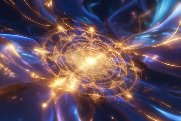 Fototapeta premium Mystical golden energy vortex with intricate geometric patterns radiating through ethereal blue light