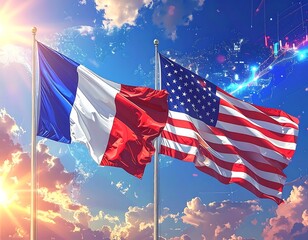 Flags of France and the United States waving proudly in the sky