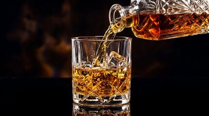 High-quality close-up of whiskey being poured into a crystal glass with ice against a dark background, showcasing rich amber color and texture