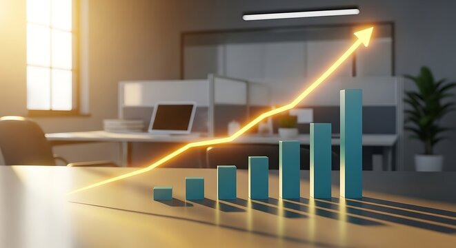 A 3d render of a bar chart with an upward trending line graph superimposed, symbolizing business growth and success in an office environment - Powered by Adobe