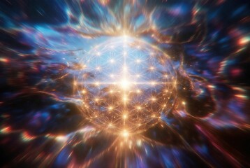 Obraz premium A luminous sphere of interconnected light patterns radiating cosmic energy in a vibrant nebula