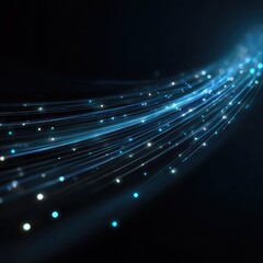 Light streams with blue and white dots appear against a dark background