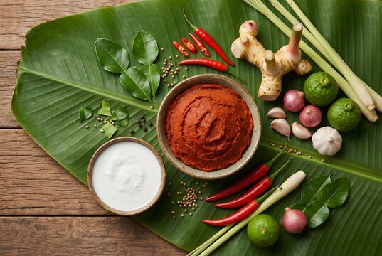 Top View of Traditional Asian Spice Preparation with Chili Galangal and Lemongrass