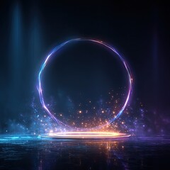 Luminous circle above glowing platform in a dark misty setting with blue and gold accents