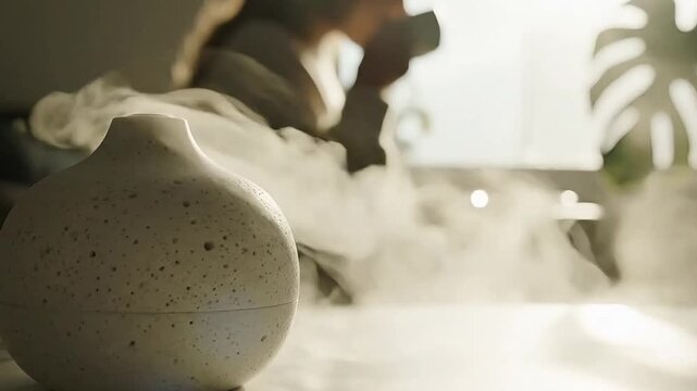 Close up of white ceramic aroma oil diffuser spraying steam on table with woman drinking coffee behind