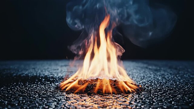 Flames crackle to life on dark asphalt, casting a warm glow amidst an ominous black background, capturing the gritty concept of urban renewal and revitalization, perfect for use in projects.