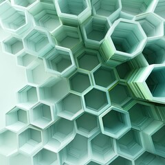 Multilayered honeycombstructured pattern with graduated shades of green and white receding into interior hexagonal cells