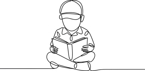 Child Wearing Cap Reading Book Sitting on Floor