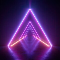 Neon hallway featuring illuminated triangles mirrored floor and dark background
