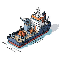 Naklejka premium Isometric illustration of a tugboat with cargo and crane.