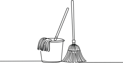 Black and white line of a mop and bucket cleaning tools