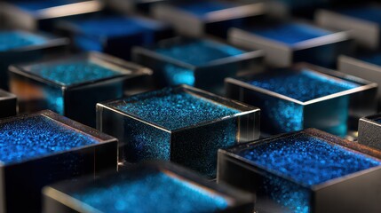 Abstract Composition Of Illuminated Cubes Displaying Blue And Teal Hues With Refraction Effects
