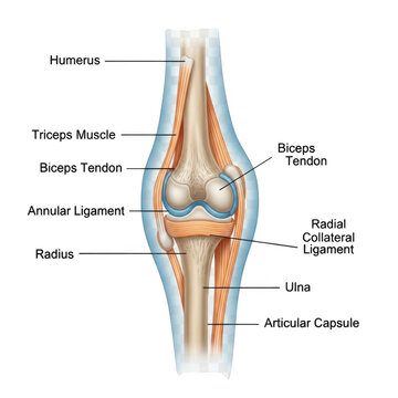 Detailed anatomy of the elbow joint isolated on transparent background