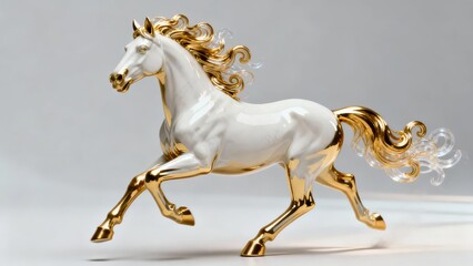 Elegant white horse figurine with golden accents and flowing mane captured in a dynamic running pose against a neutral background.